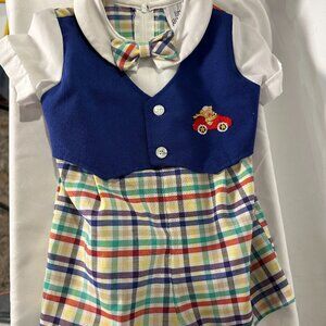 Vintage Baby Romper  Vest Tie and Plaid Bottom Embroidered Bear in Car 6-9 Month